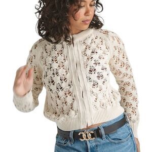 Zara Open Knit Crochet Cardigan Women's Long Sleeve Clasp Closure Cream Sz Large